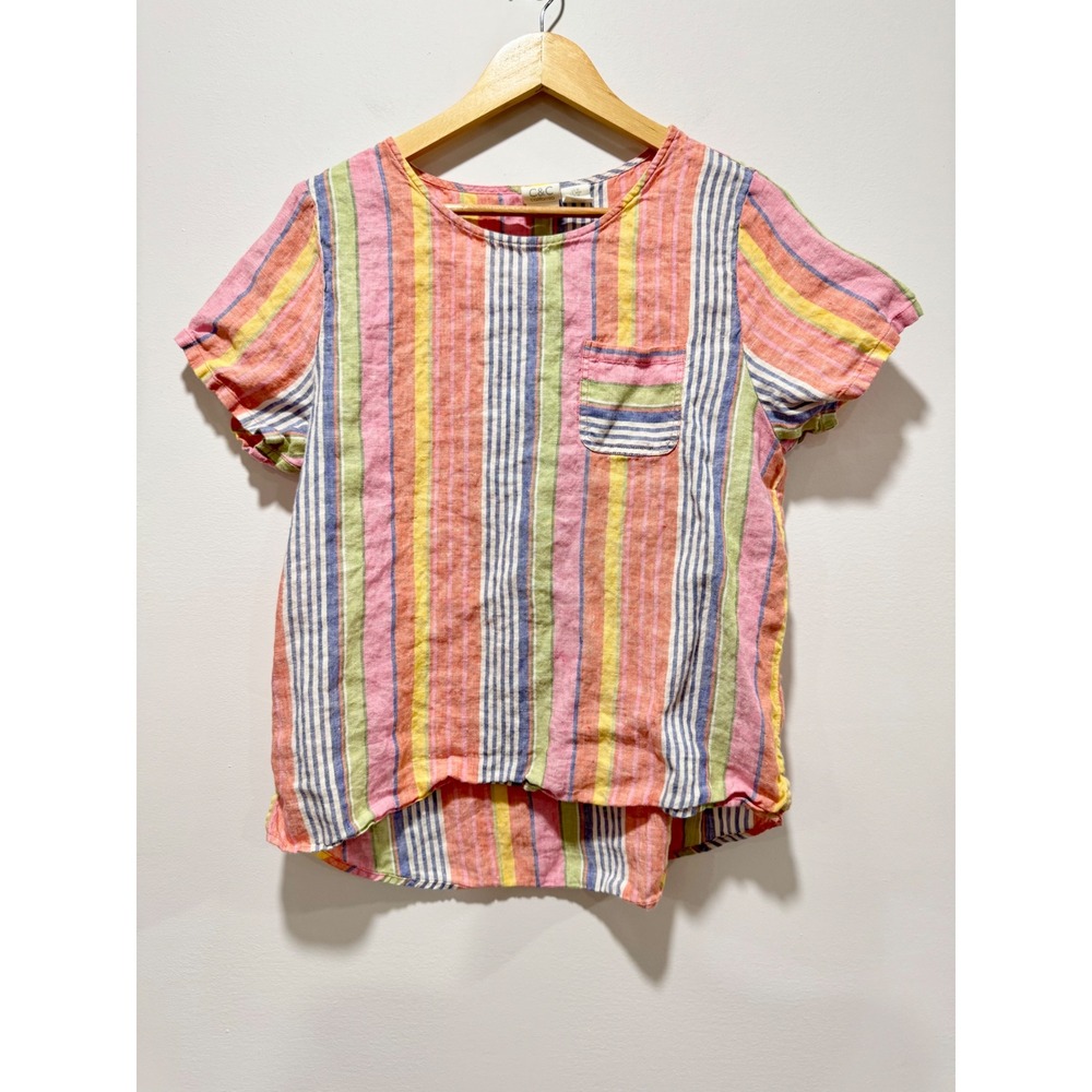 C&C California Women Multi Color Striped 100% Linen Short Sleeve Pocket Top M